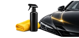 Spray wax bottle and yellow cloth beside a glossy car panel