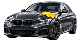 Exterior detailing illustration with a glossy dark car and yellow wash mitt