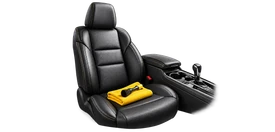 Interior detailing illustration with a clean leather seat and yellow microfiber cloth